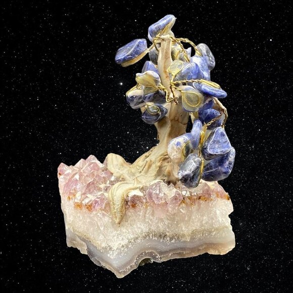 Gem Bonsai Tree on Amethyst Base Miniature Sodalite Stones 4”T 3.5”W - Picture 6 of 7